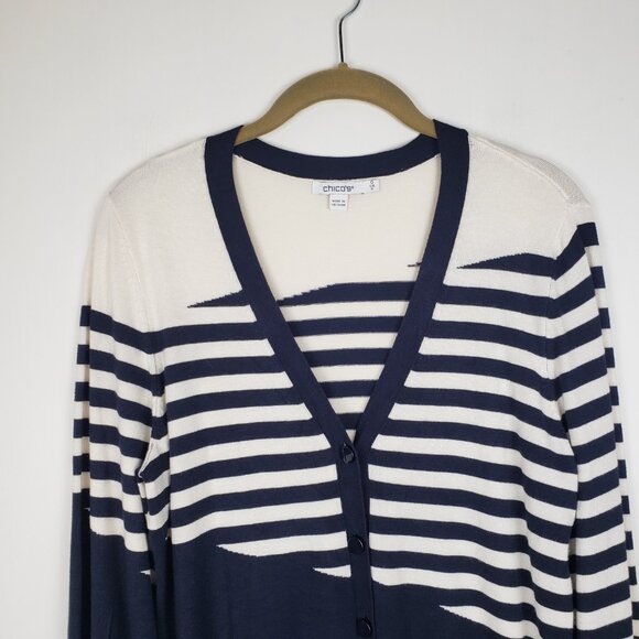 Chicos Mixed Stripe Cardigan Sweater Navy Cream V-Neck Size 0 US Size Small - Picture 3 of 7